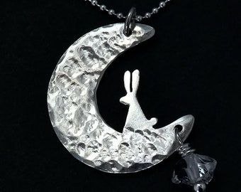 Sterling Silver Moon Bunny Pendant with Herkimer Diamond - Crescent Moon, Rabbit, Sarah Birt Jewellery, Hare