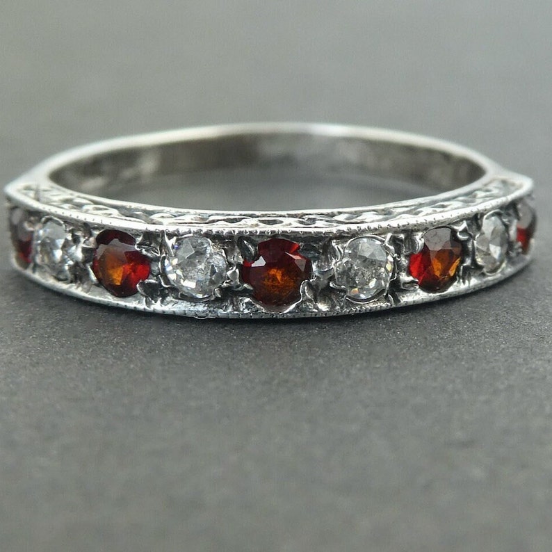 Edwardian Garnet and Paste Silver Ring UK Size K, Marked 'SIL', Half Eternity Ring, Bohemian Garnet, Midi Ring, Paste Silver image 2