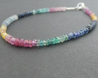 Handmade Sapphire, Ruby and Emerald Gemstone Bead and Sterling Silver Bracelet - Birthstone Jewellery, Sarah Birt Jewellery, Rainbow, Beaded