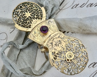 Georgian Engraved Fusee Pocket Watch Brooch - c. 1800, Georgian Brooch, Amethyst Paste, Gilt, Steampunk, Watch Cock, Verge Pocket Watch