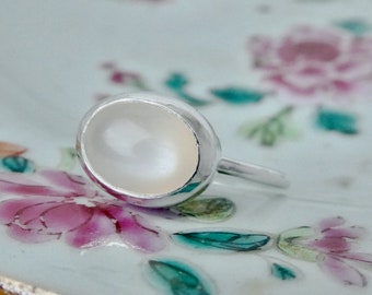 Handmade Moonlight Cabochon Moonstone and Sterling Silver Ring in a UK Size N 1/2 - White Moonstone, Moonstone Ring, June Birthstone
