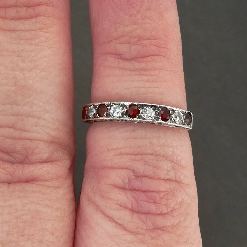 Edwardian Garnet and Paste Silver Ring UK Size K, Marked 'SIL', Half Eternity Ring, Bohemian Garnet, Midi Ring, Paste Silver image 7