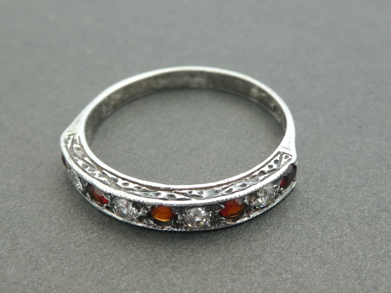 Edwardian Garnet and Paste Silver Ring UK Size K, Marked 'SIL', Half Eternity Ring, Bohemian Garnet, Midi Ring, Paste Silver image 4