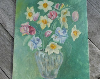 Mid Century Still Life Painting of a Glass Vase of Spring Flowers - 1970s Original Art, Cottage Core, Vintage Art, Naive Painting, Folk Art
