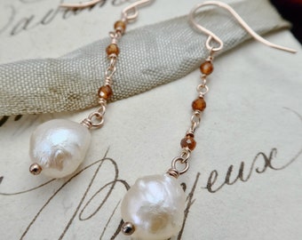 Romantic Baroque Pearl and Hessonite Garnet 14 carat Rose Gold-filled Earrings - Handmade, Sarah Birt Jewellery, Garnet Earrings, Beaded