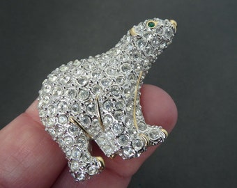 Vintage Crystal Polar Bear Brooch - Marked BJ, Beatrix Jewelry, Diamante, Green Eye, Paste, 1990s, Crystal Bear, Vintage Bear, Pot Metal