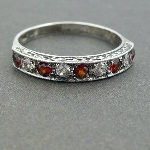 Edwardian Garnet and Paste Silver Ring UK Size K, Marked 'SIL', Half Eternity Ring, Bohemian Garnet, Midi Ring, Paste Silver image 8