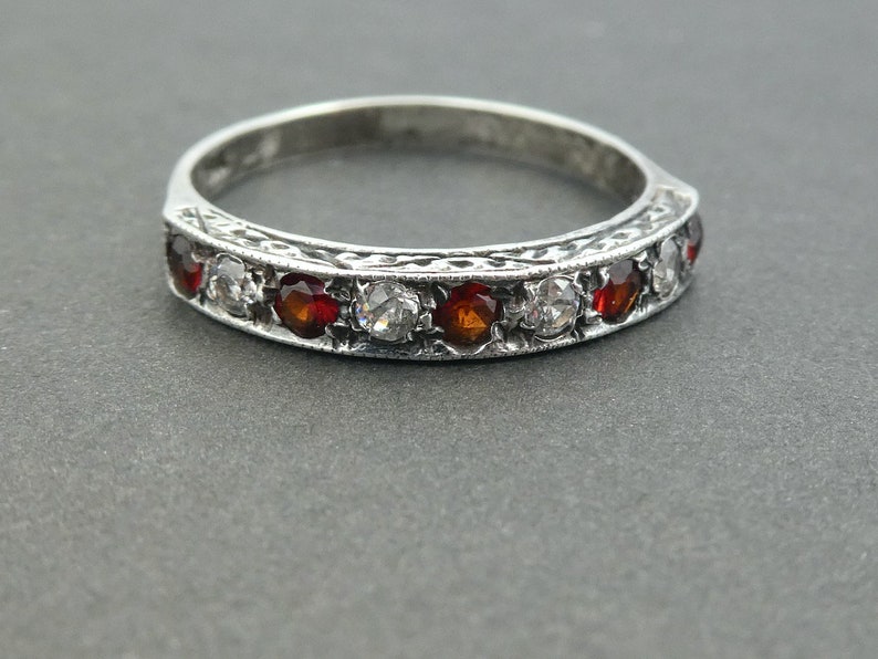 Edwardian Garnet and Paste Silver Ring UK Size K, Marked 'SIL', Half Eternity Ring, Bohemian Garnet, Midi Ring, Paste Silver image 8