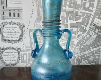 Vintage Scavo Glass Roman Amphora Vase - 1960s, Iridescent, Kingfisher Blue, Murano Glass, Vintage Glass, Apothecary Bottle