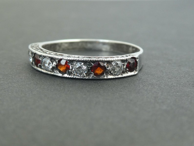 Edwardian Garnet and Paste Silver Ring UK Size K, Marked 'SIL', Half Eternity Ring, Bohemian Garnet, Midi Ring, Paste Silver image 3