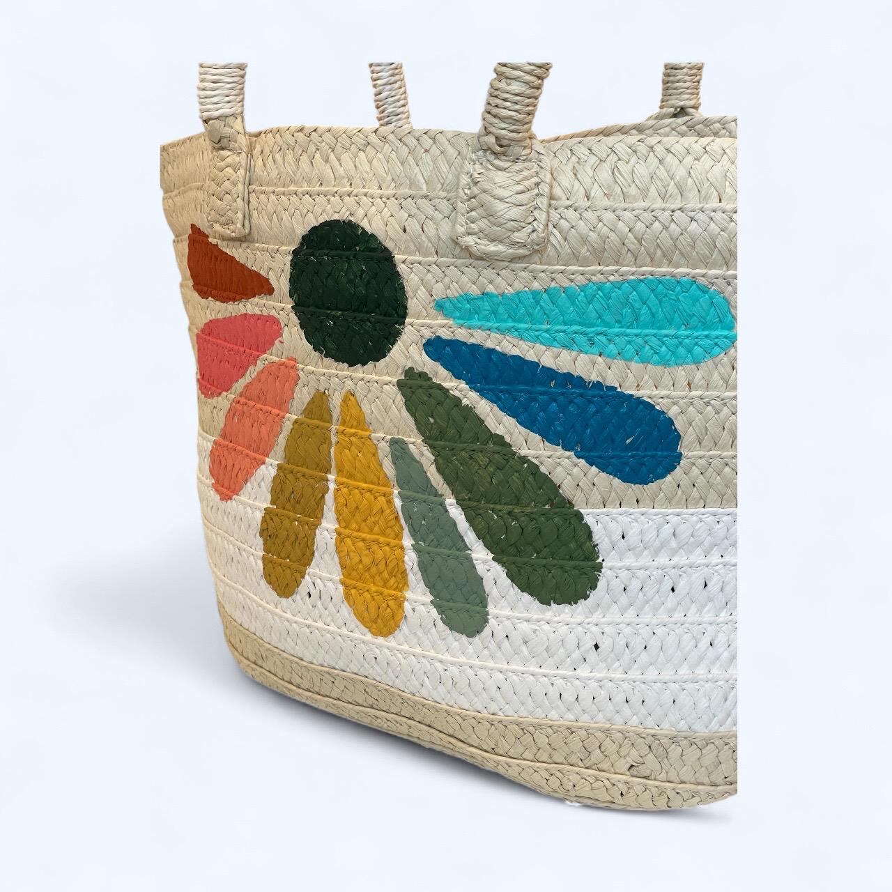 Altru Straw Tote Bag With Hand Painted Flower Detail / Beach Bag