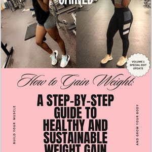 Puede incluir: La imagen presenta una portada de libro rosa con el título "How to Gain Weight: A Step-By-Step Guide to Healthy and Sustainable Weight Gain" de Aurion Grayson. La portada también incluye el texto "Build Your Muscle" y "And Grow Your Body". La imagen también muestra a dos personas en un gimnasio.