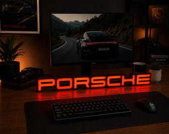 Lampada LED USB Porsche | Insegna luminosa per garage e ufficio | Decorazione per auto | Regalo per appassionati di auto | Luce notturna a LED rossa