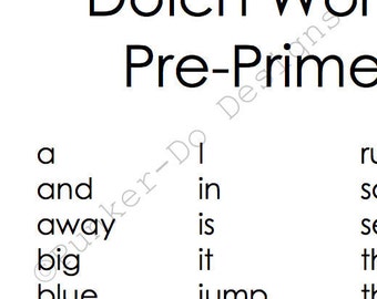 Pre-Primer Preschool Sight Word Dolch flash cards - Instant Download Printable PDF - by Punker-do Designs