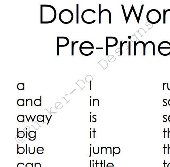 Pre Primer Preschool Sight Word Dolch Flash Cards Instant Etsy