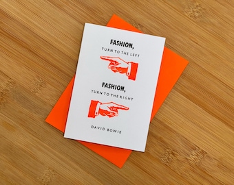 Fashion...Turn to the Left... Letterpress Card, Mini Poster, Notecard, Greeting Card // Handmade // Fluorescent Orange and Black.