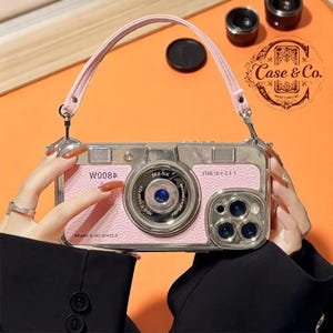 Étui pour téléphone avec appareil photo rétro | bandoulière en cuir de luxe | Dragonne et lanière en chaîne | Housse élégante | Accessoire fonctionnel vintage