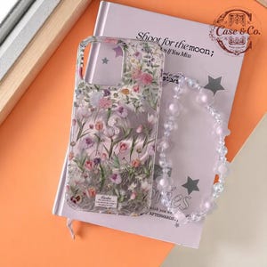 Étui pour téléphone de luxe tulipe violette, housse de protection souple et transparente avec bandoulière en chaîne, motif floral romantique