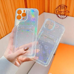 Custodia per telefono Laser Love Heart con porta carte, custodia trasparente con copertina morbida, accessorio elegante e funzionale per cellulare