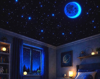 Glow in the Dark Crescent Moon Wall Decal, Ceiling Stars, Night Sky Bedroom Decor
