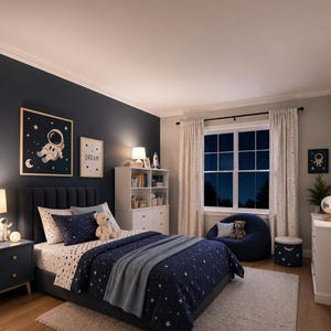 Op de afbeelding: Een slaapkamer met ruimtethema, met een bed met een marineblauwe dekbedovertrek en beddengoed met sterrenpatroon. Kunstwerken van een astronaut en het woord "DREAM" sieren de muren. Een zitzak, een nachtkastje en een dressoir maken de kamer compleet.