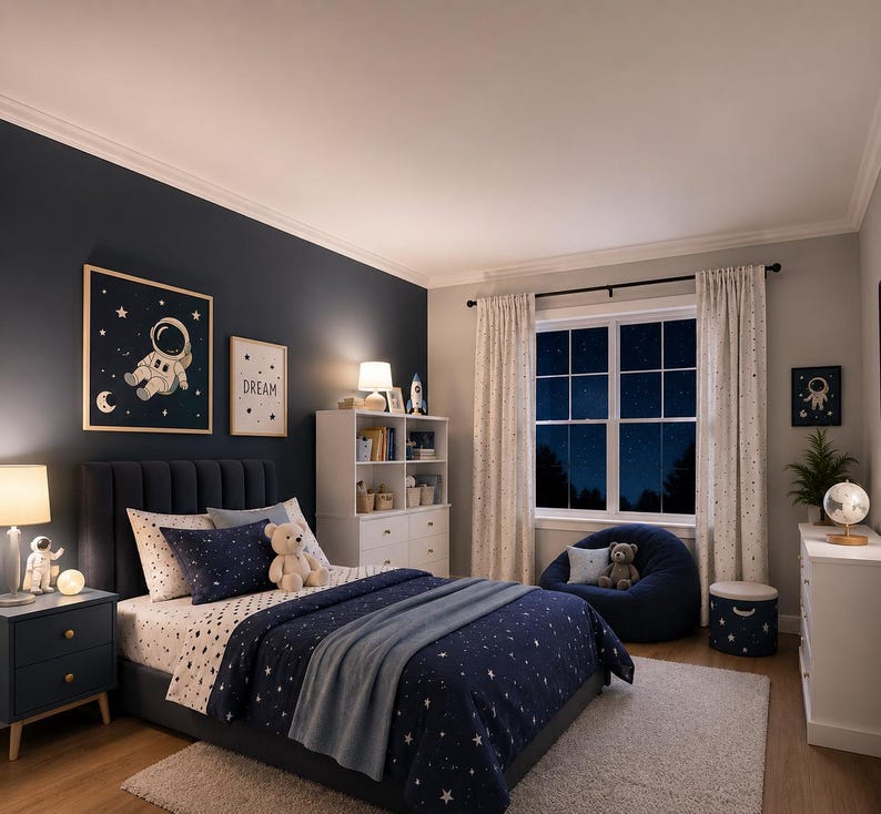 Op de afbeelding: Een slaapkamer met ruimtethema, met een bed met een marineblauwe dekbedovertrek en beddengoed met sterrenpatroon. Kunstwerken van een astronaut en het woord "DREAM" sieren de muren. Een zitzak, een nachtkastje en een dressoir maken de kamer compleet.