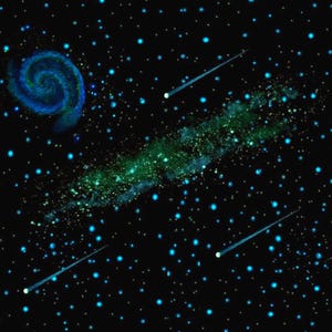 May include: An artistic depiction of a starry night sky. The image features a blue spiral galaxy, a green nebula, and several shooting stars with bright white trails. Numerous small, blue stars are scattered across the black background.