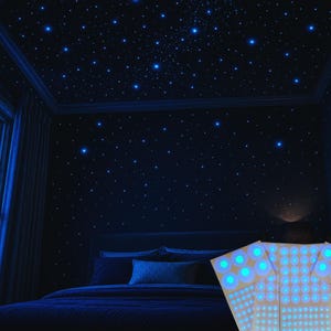 Op de afbeelding: Een slaapkamer met een donkerblauw kleurenschema, met een bed, een raam en een plafond versierd met gloeiende blauwe sterstickers. De kamer is zwak verlicht en cre&euml;ert een hemelse sfeer. Een decoratief licht staat op de voorgrond.