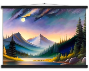 Moon, Mountains, and forest! 20" x 28" Soft Watercolor style print - Premium Matte Paper Poster with Hanger