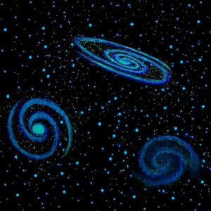 May include: An artistic depiction of a night sky filled with numerous blue stars and three spiral galaxies. The galaxies are rendered in shades of blue and green, with a swirling pattern, set against a black background.