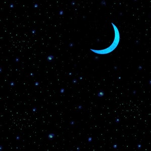 Glow in the Dark Crescent Moon and Stars, decor for Space Theme room.  Star Stickers for realistic night sky, surprise your guests!