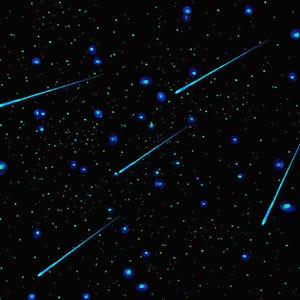 May include: A dark background with a scattering of small green and blue dots, resembling stars. Several bright blue streaks, like shooting stars, are visible, creating a celestial scene. The image evokes a sense of the night sky and cosmic events.