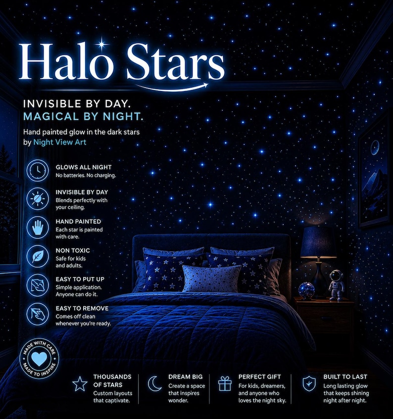 Op de afbeelding: Een slaapkamer met een donkerblauw plafond en muren, versierd met gloeiende sterrenstickers. De tekst "Halo Stars" staat bovenaan. De afbeelding bevat ook een bed met kussens met sterrenpatroon en de tekst "INVISIBLE BY DAY. MAGICAL BY NIGHT."