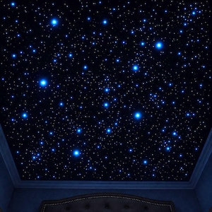 May include: A ceiling featuring a dark navy blue background covered in numerous glowing blue stars of varying sizes, creating a night sky effect. The starry pattern extends across the entire flat surface, framed by dark blue wall edges.