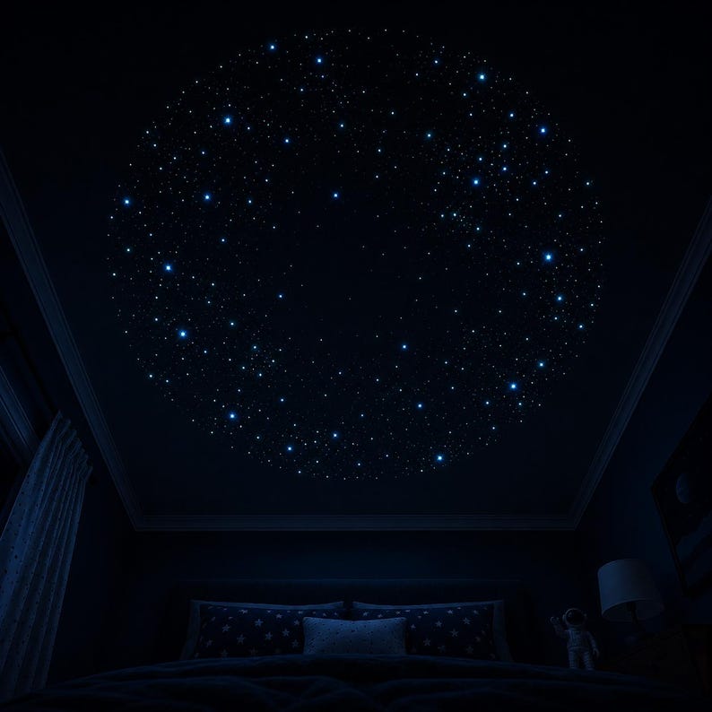 Op de afbeelding: Een donkere slaapkamer met een sterrenprojector aan het plafond. De projector projecteert een cirkelvormig patroon van helderblauwe sterren tegen het donkerblauwe plafond. Het bed heeft blauwe kussens.