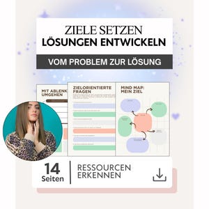 Op de afbeelding: Een digitale planner met Duitse tekst, waaronder "ZIELE SETZEN LÖSUNGEN ENTWICKELN" en "VOM PROBLEM ZUR LÖSUNG". De planner bevat secties voor doelstellingen, mindmapping en het herkennen van bronnen. De afbeelding bevat ook een vrouw en de tekst "14 Seiten".