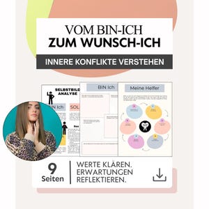 May include: A digital product with the title "Vom Bin-Ich Zum Wunsch-Ich" and the subtitle "Innere Konflikte Verstehen." The image includes worksheets, a woman's portrait, and the text "Werte Klären. Erwartungen Reflektieren."