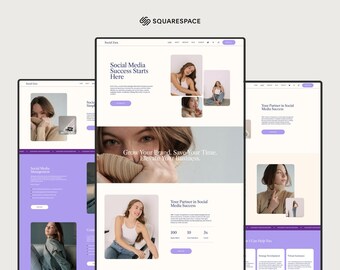 Op de afbeelding: Website-screenshot met een social media marketing service. De website heeft een lichte achtergrond met paarse accenten. De tekst "Social Media Success Starts Here" wordt weergegeven in een groot lettertype. De website bevat ook afbeeldingen van vrouwen en tekst over het laten groeien van je merk, het besparen van tijd en het verhogen van je bedrijf.