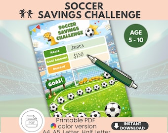 Strumento di monitoraggio della sfida di risparmio per il calcio, tabella degli obiettivi di risparmio per bambini (download digitale)