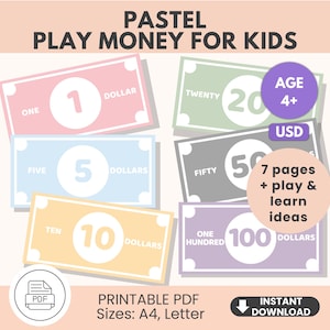 Printable Play Money for Kids – Pastel Dollar Bills PDF | Pretend Money A4 & US Letter | Montessori Toy Learning Resource | Homeschool Game