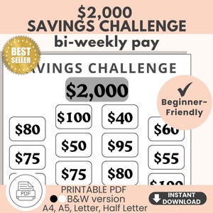May include: A printable $2,000 savings challenge tracker sheet with a bi-weekly pay theme. The document features a grid of boxes with various dollar amounts, a gold best seller badge, a beginner-friendly checkmark icon, and PDF format labels.