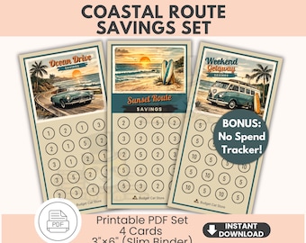 Pacchetto di carte risparmio Coastal Route / Strumento di monitoraggio del budget in stile retrò (download digitale)