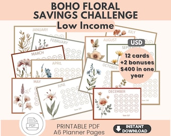 Sfida di risparmio di 12 mesi con motivi floreali bohémien stampabile (download digitale)