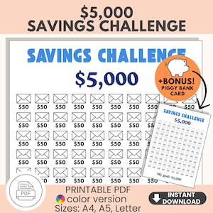 5K Savings Challenge Tracker Printable: Color PDF, Budget Planner (A4/A5/US Letter)