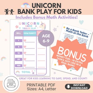 Unicorn Bank Teller Play Sheets: Kids Money Math Activity (PDF Printable Ages 6-9)