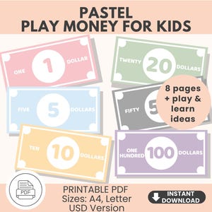Printable Play Money for Kids – Pastel Dollar Bills PDF | Pretend Money A4 & US Letter | Montessori Toy Learning Resource | Homeschool Game