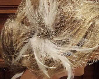 Rhinestone and feathers accent Fascinator  Hairpiece. Ready to ship. USA  handcrafted.