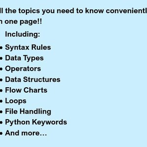 Op de afbeelding: Een lijst met onderwerpen die betrekking hebben op Python-programmeren, waaronder syntaxisregels, gegevenstypen, operatoren, gegevensstructuren, stroomdiagrammen, lussen, bestandsverwerking, Python-sleutelwoorden en meer.
