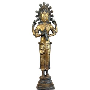 19e-eeuwse Indonesische vierarmige Avalokiteshvara – vuurverguld brons – 61,5 cm