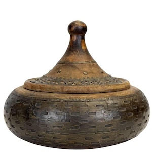 Moroccan Decor Wooden Pot with Lid, North African Jar Featuring Geometric Metal Band